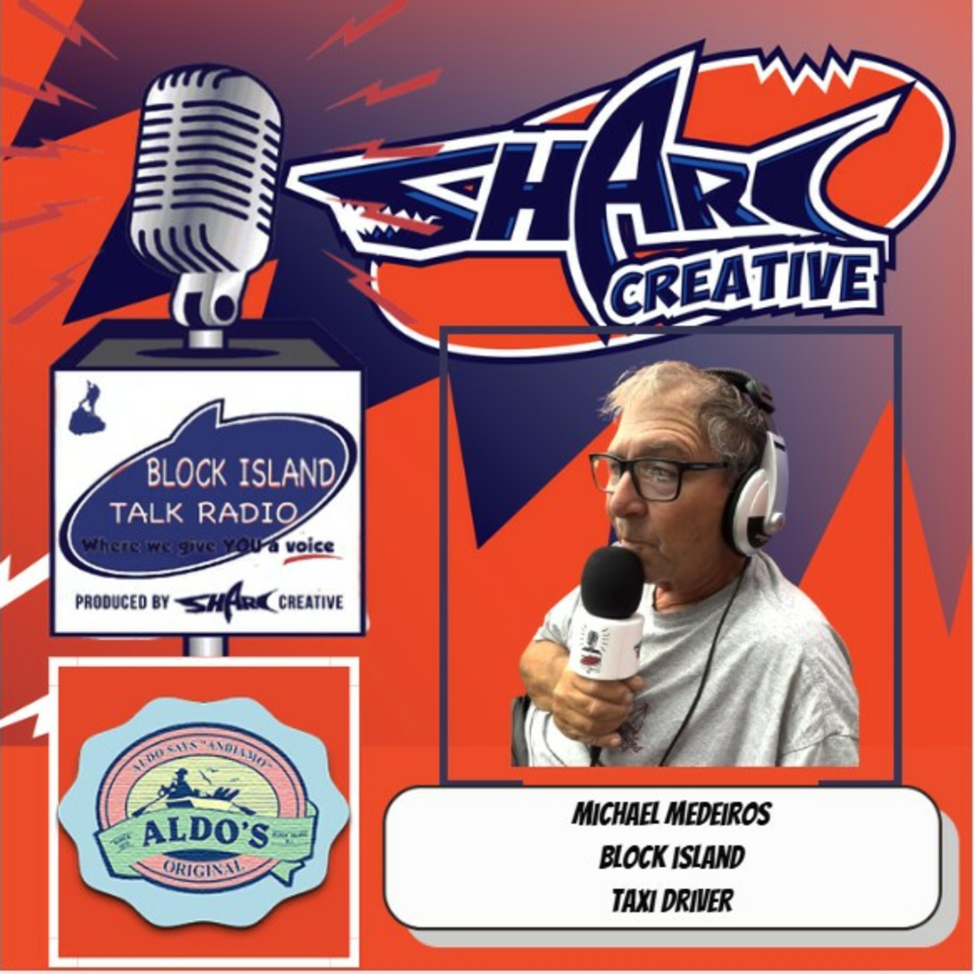 Episode 127: Block Island Talk Radio at Aldo's Bakery, with host Andrew Castellano and featuring Michael Mederios, Block Island taxi driver episode artwork