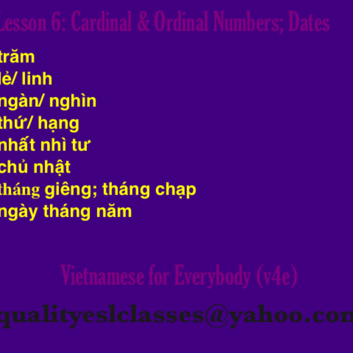 Vietnamese Lesson 6- Cardinal & Ordinal Numbers; Dates