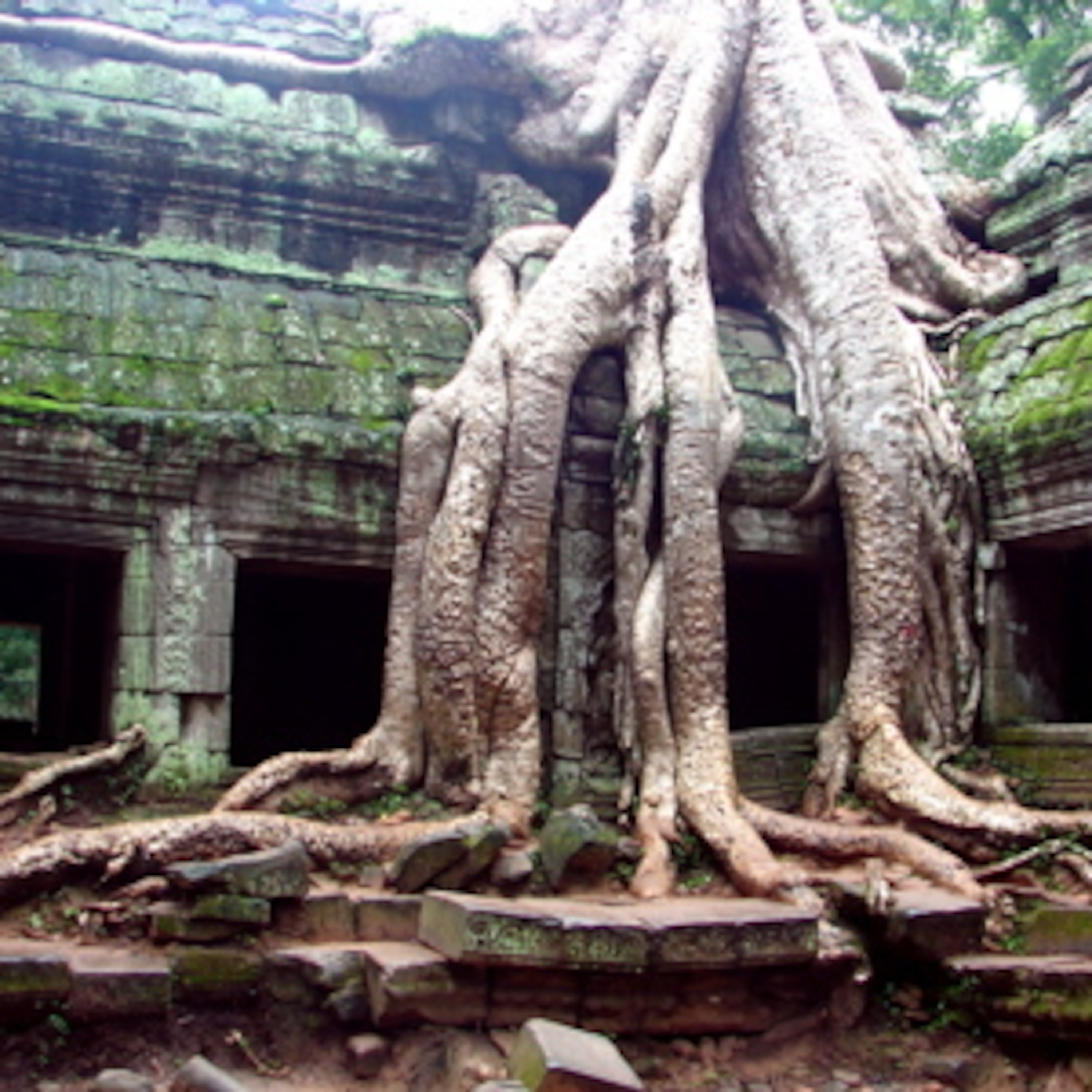 Angkor dusk, frogs, people, horse, traffic hum, distant chanting