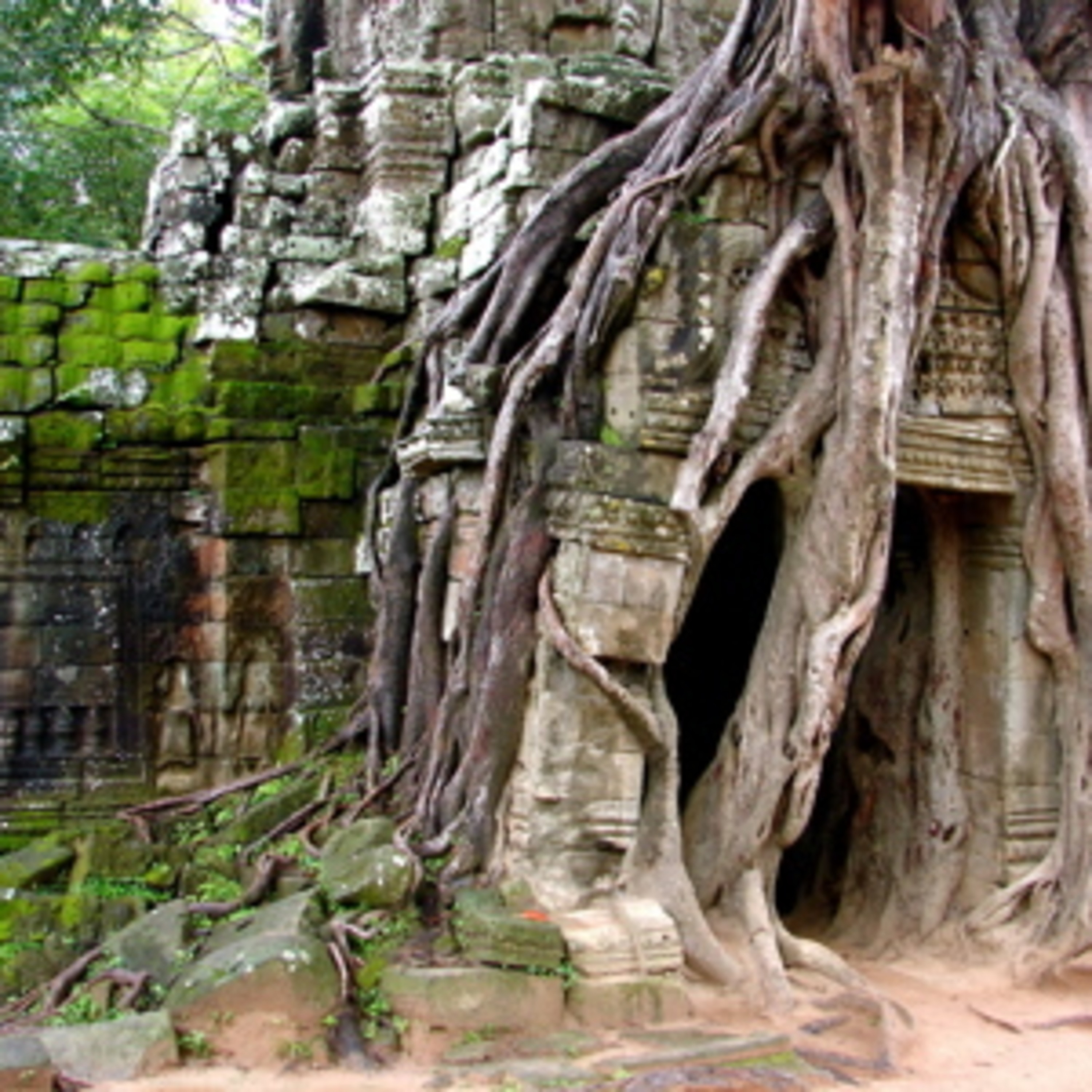 Preah Khan, rain, musicians, motor bike