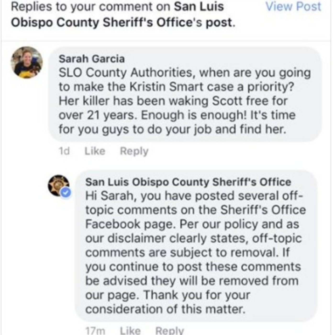 Kristin Smart: SLO Sheriff: 'Off-Topic'